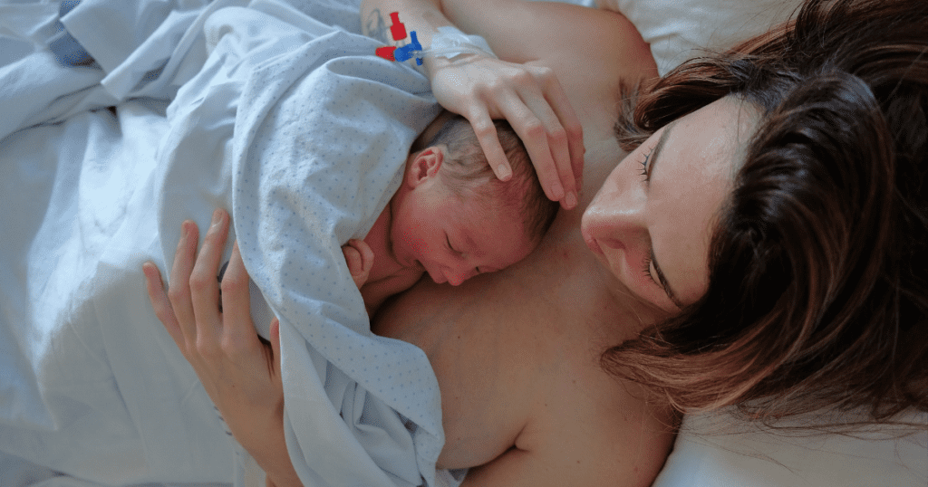 Baby on Mom's chest during the Golden Hour After Birth
