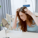 New mother looking at her postpartum hair loss in the mirror