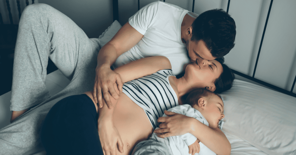 Intimate Connection With Partner, Mom and Dad kissing, baby lying next to them