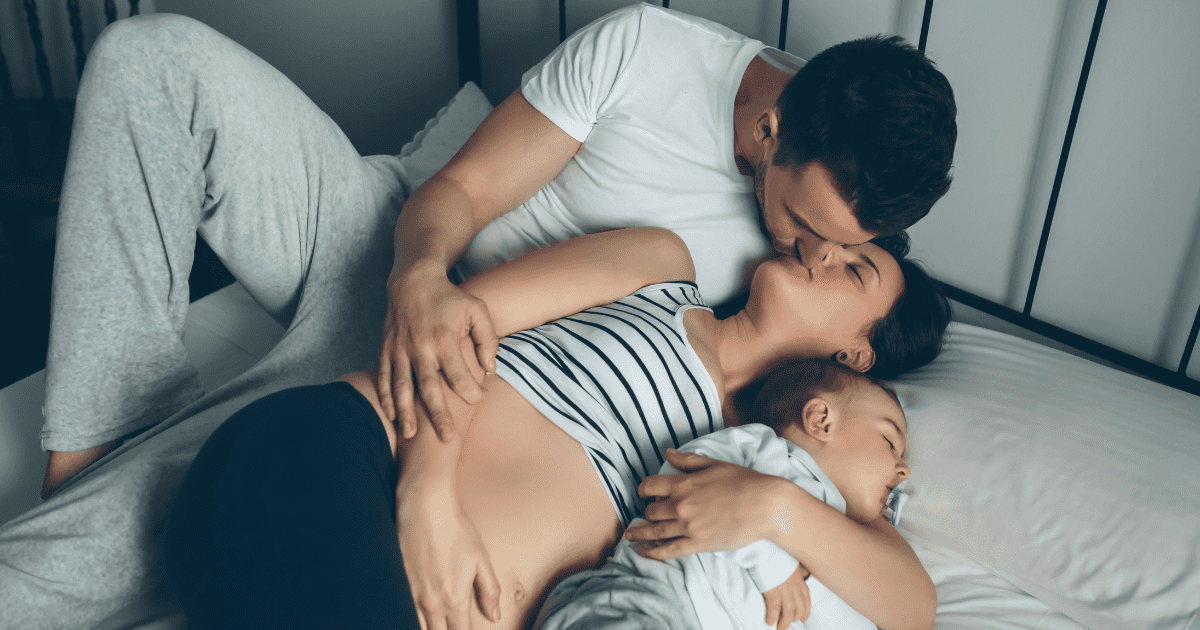 Intimate Connection With Partner, Mom and Dad kissing, baby lying next to them