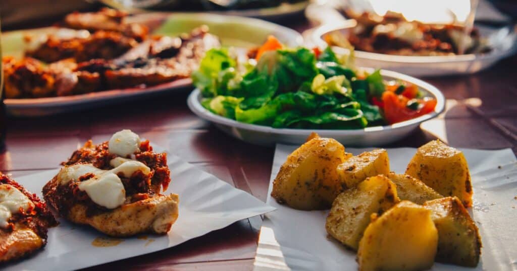 Different kinds of food on plates, pregnancy cravings