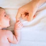 the first six weeks postpartum, newborn baby holds parents finger